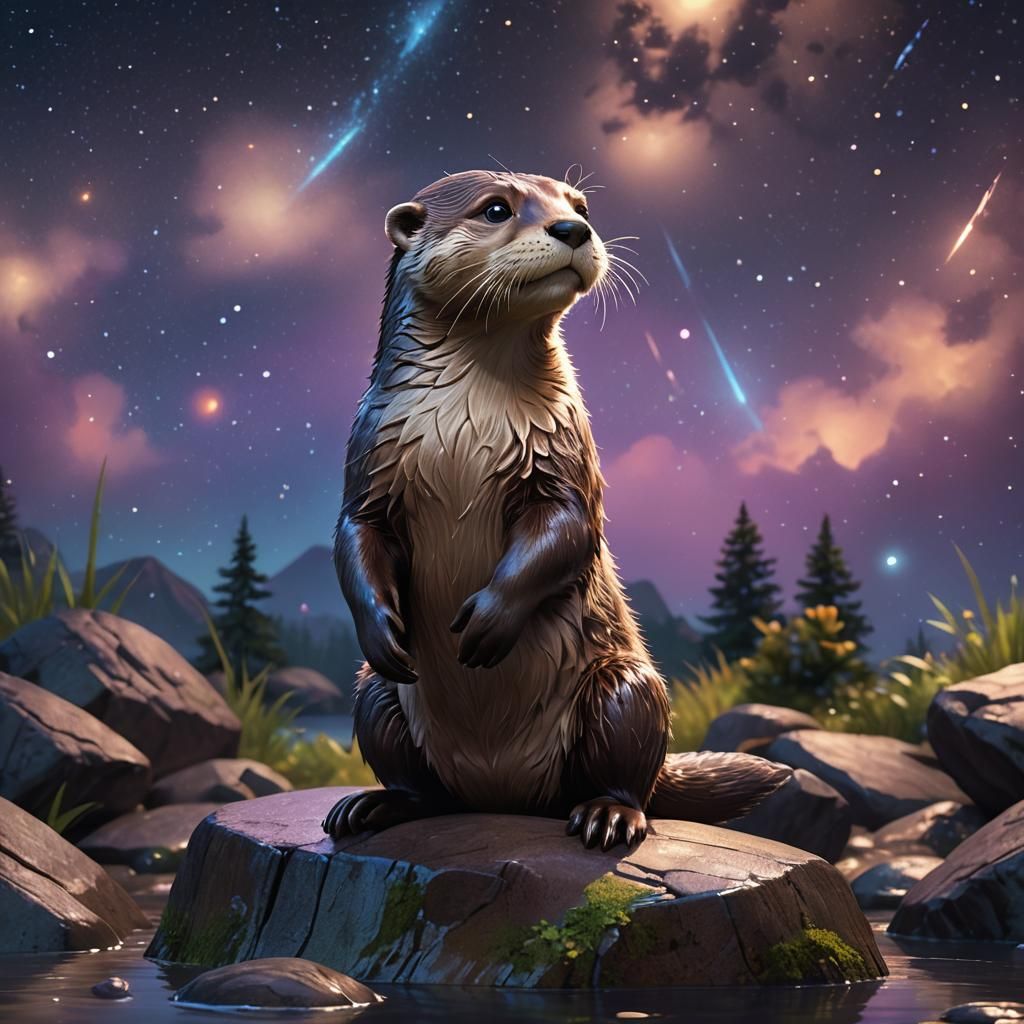 Otter Gazing at Night Sky: 3D Digital Art