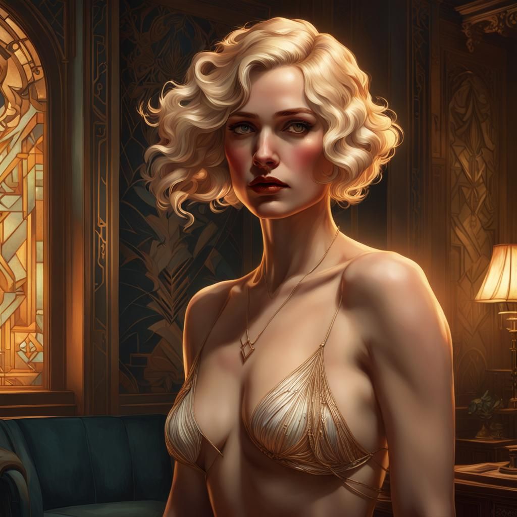 Art Deco Portrait of a Blonde Woman at Night