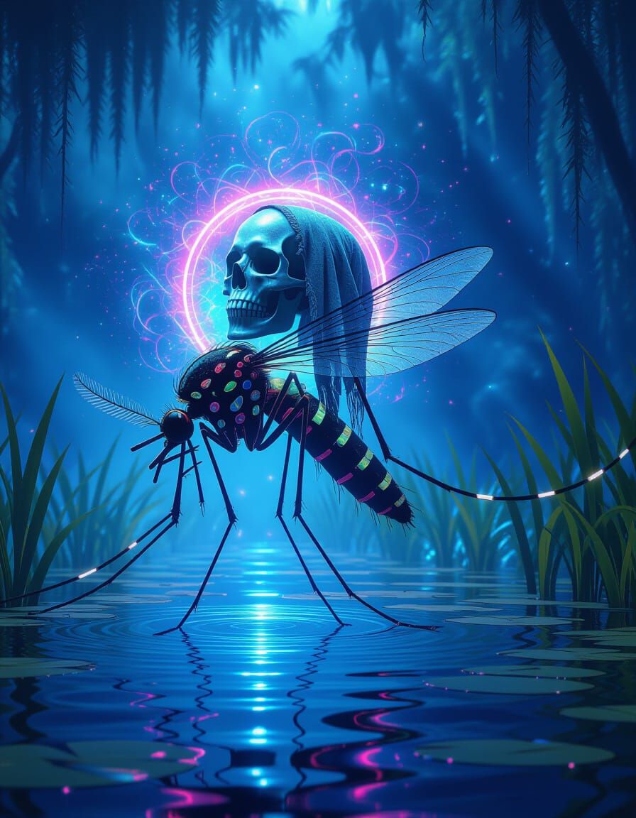 Mosquito in Neon Swamp With Human Head