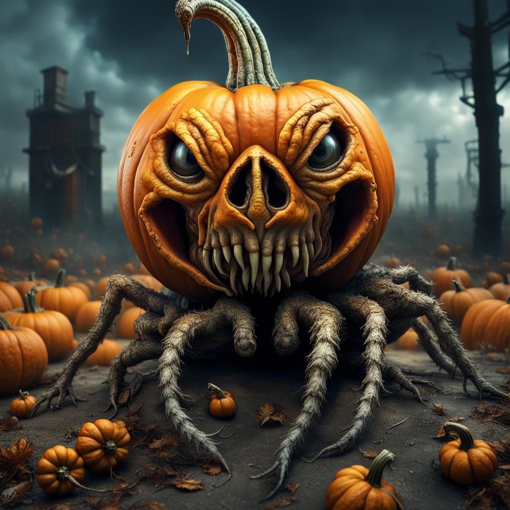 ugliest pumpkin, rotting, maggots , strange creature crawling out, in the style of photographer Helmut Newton, digital a...
