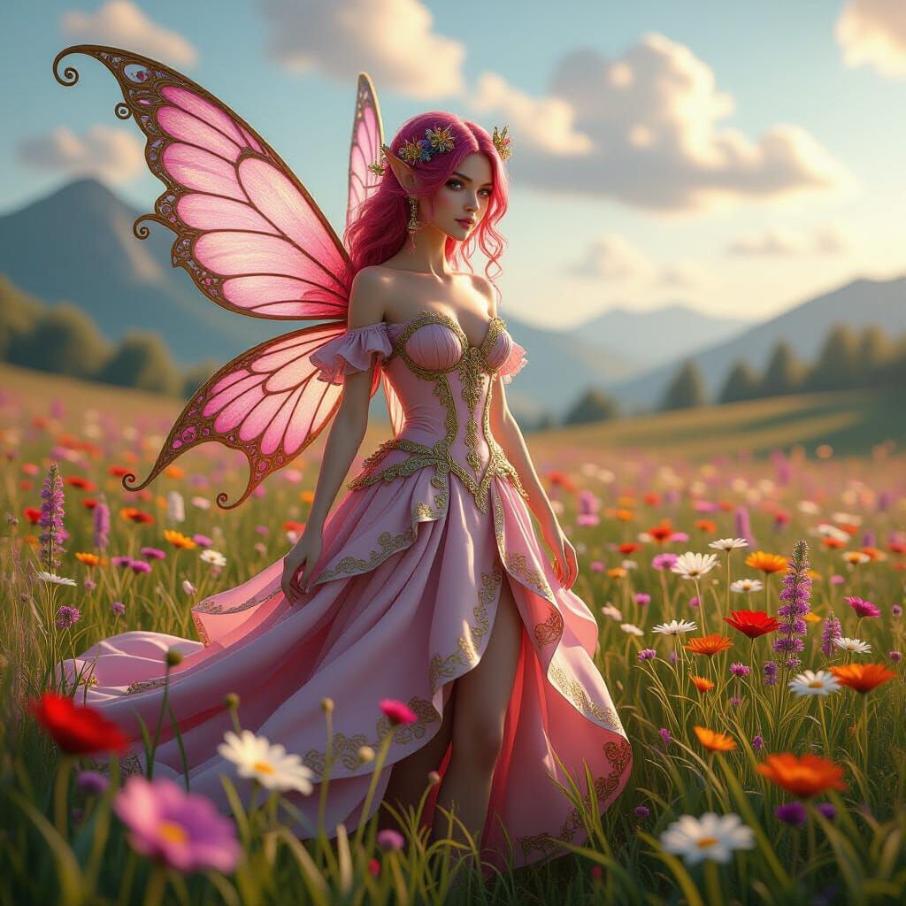 Intricate Fairy in Wildflower Field, Pink and Gold Dress