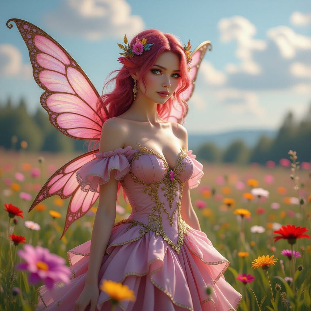 Beautiful Fairy in Wildflower Field Wearing Pink and Gold Dr...
