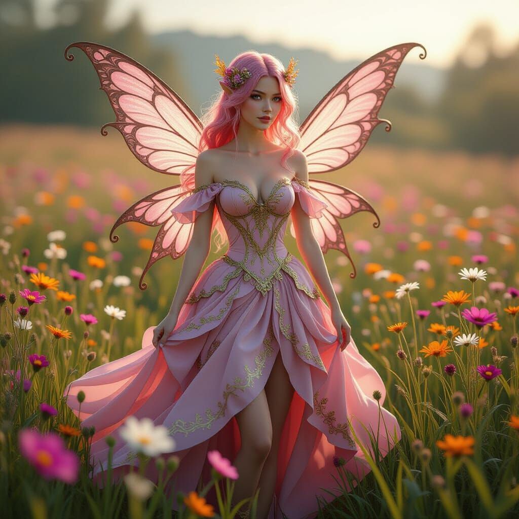 Detailed Fairy in Wildflower Field Wearing Pink and Gold Dre...