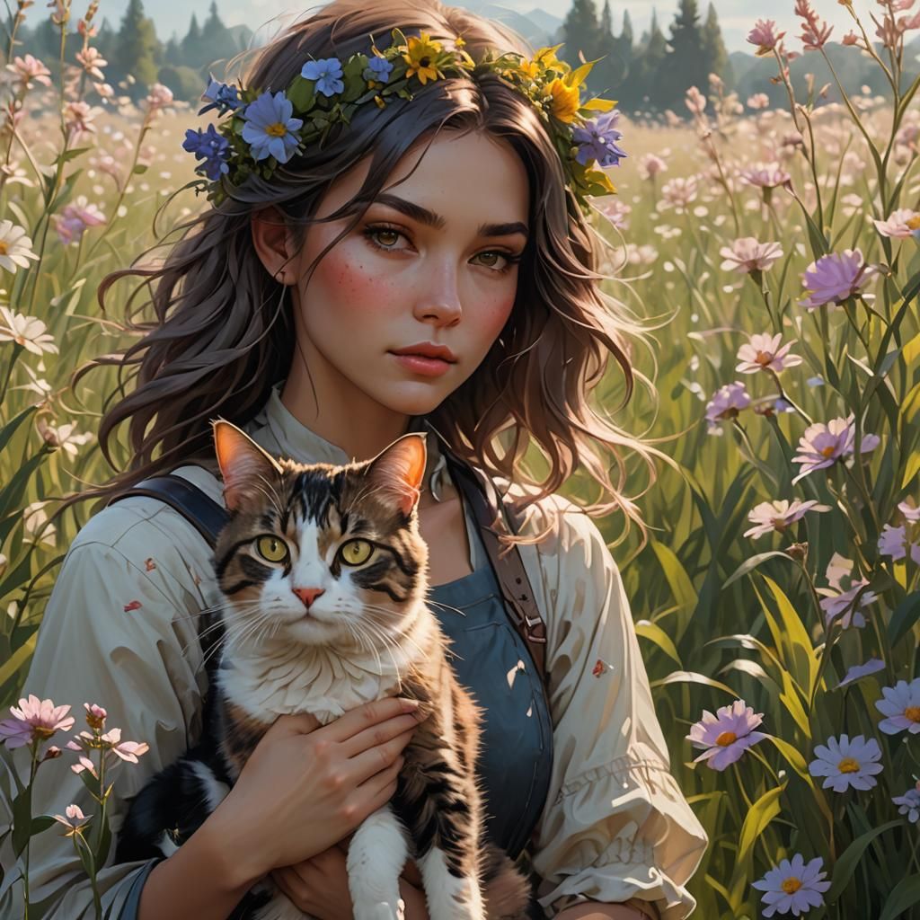 Girl and Cat in Spring Field, Art Nouveau Style
