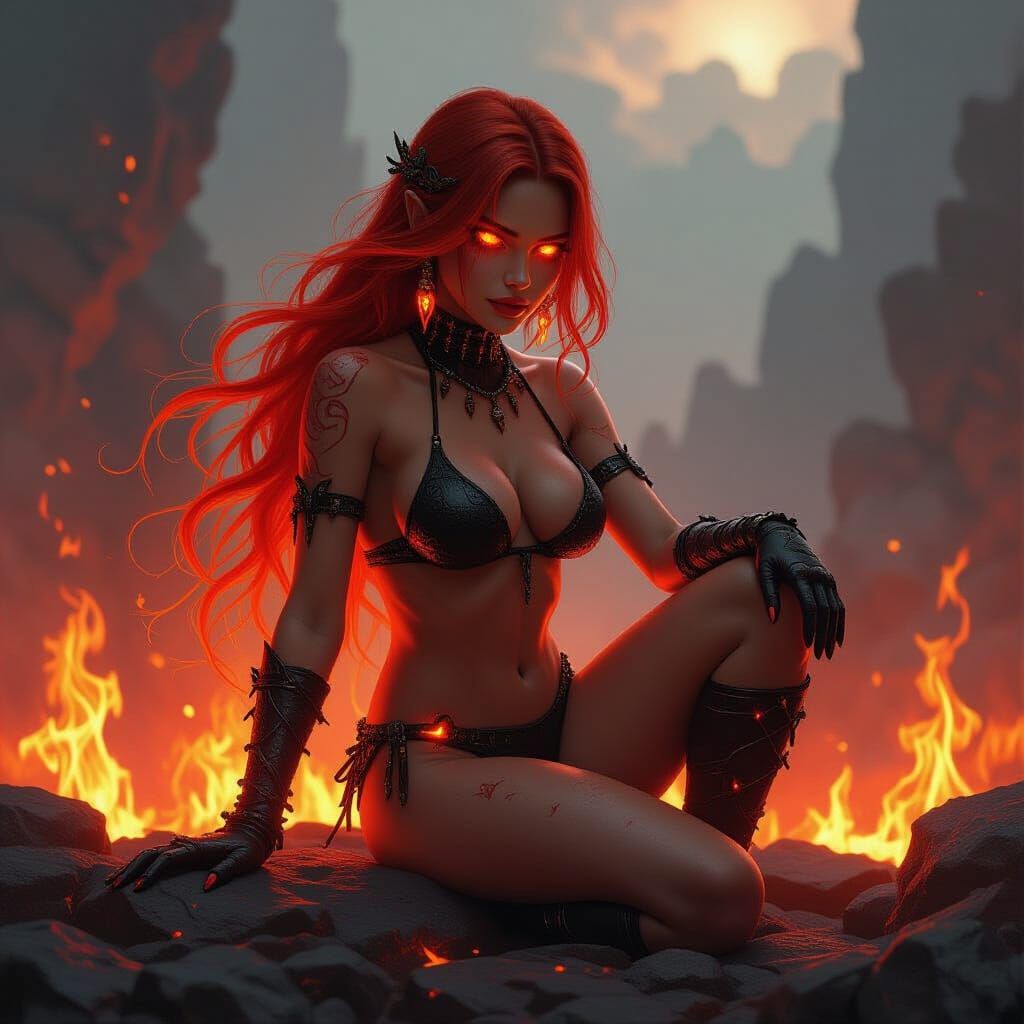 Fiery Female Golem on Molten Rocks in Cyberpunk Style