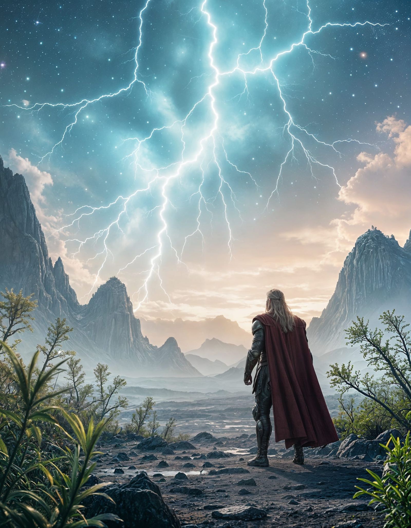 Epic Demigod Thor on Alien Planet with Nebula