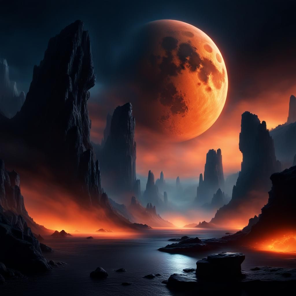 Black Moon Above Mystical Abyss: Digital Matte Painting