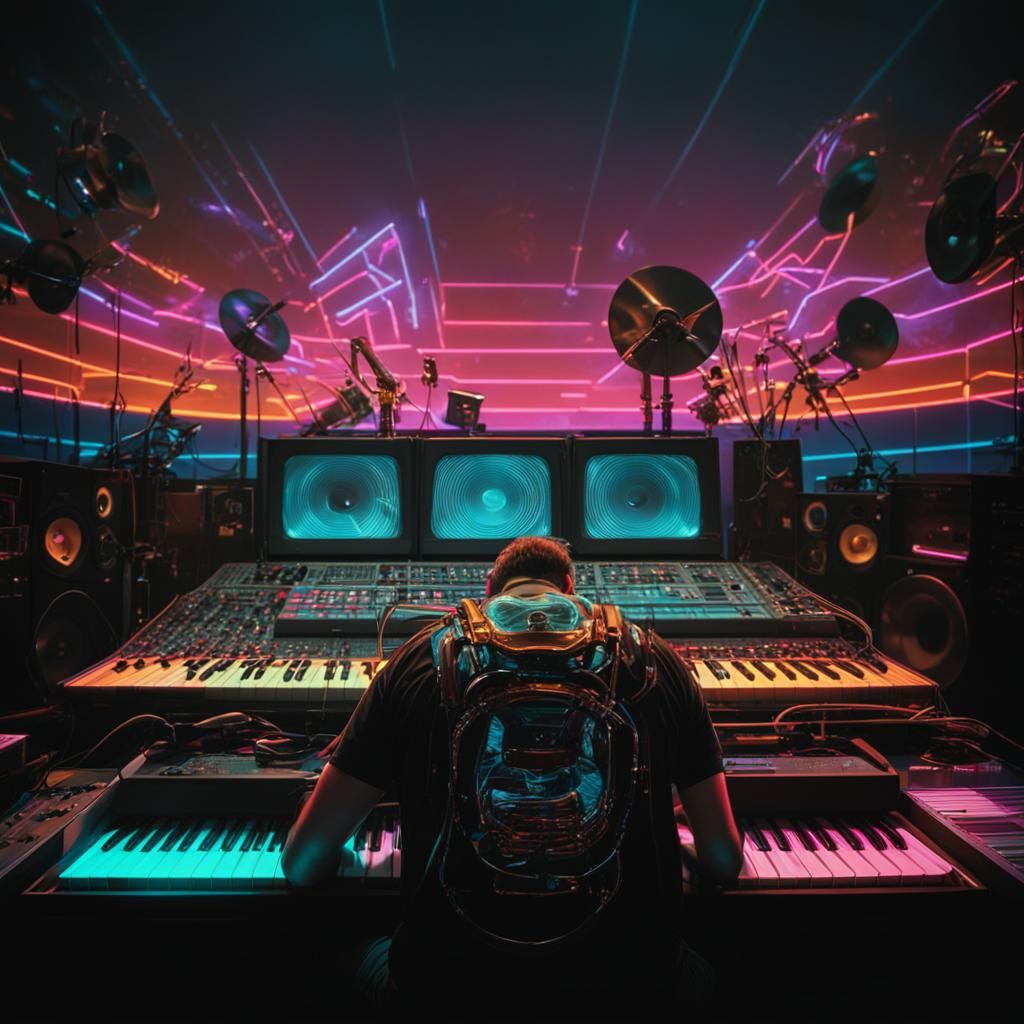 Neon Synthwave Musician in Retro Recording Studio