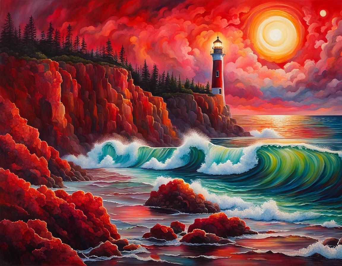 Lighthouse Cliff Red Tide Bioluminescence in Oil and Waterco...