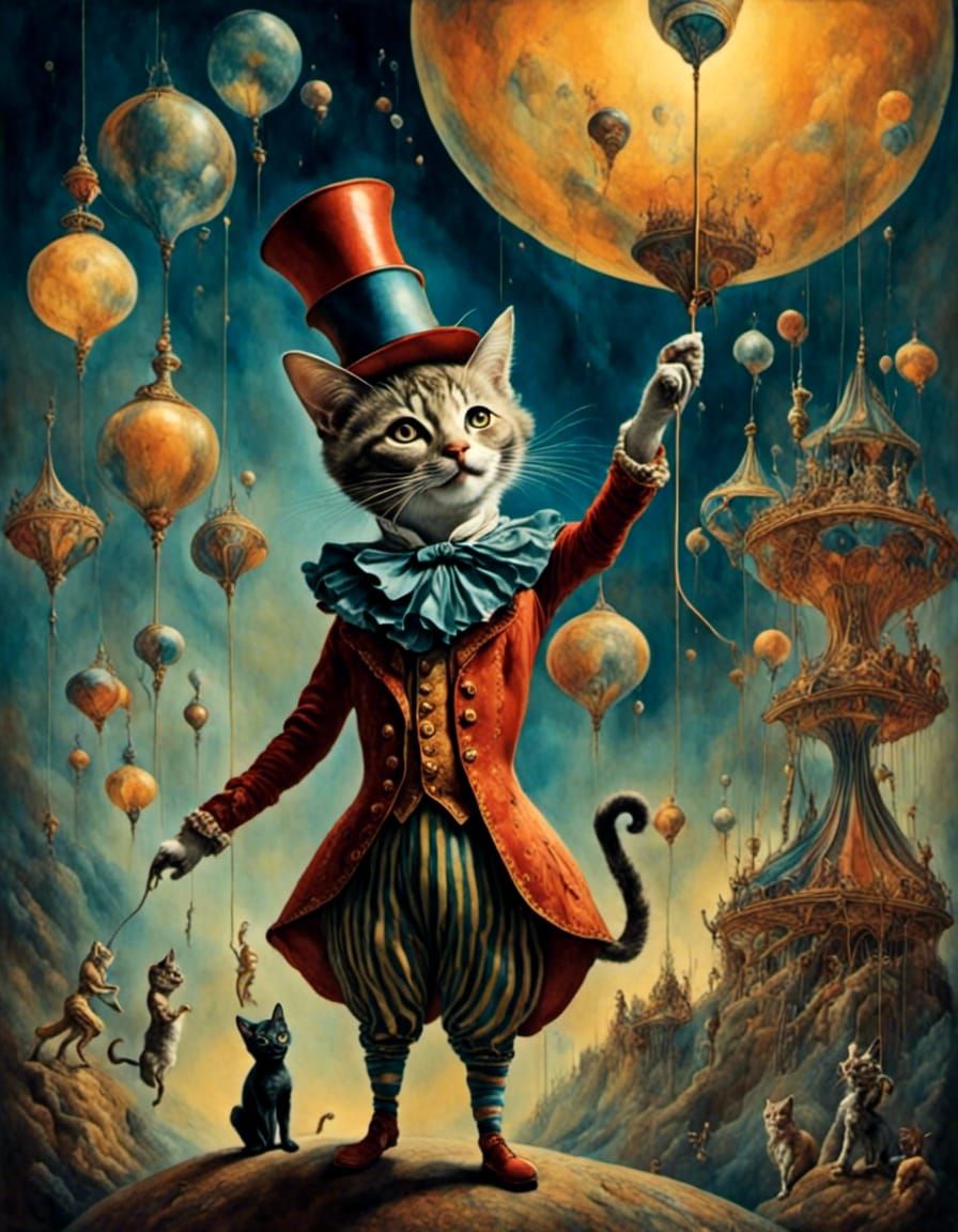 A cat wearing a clown costume tightrope walking in a circus ...
