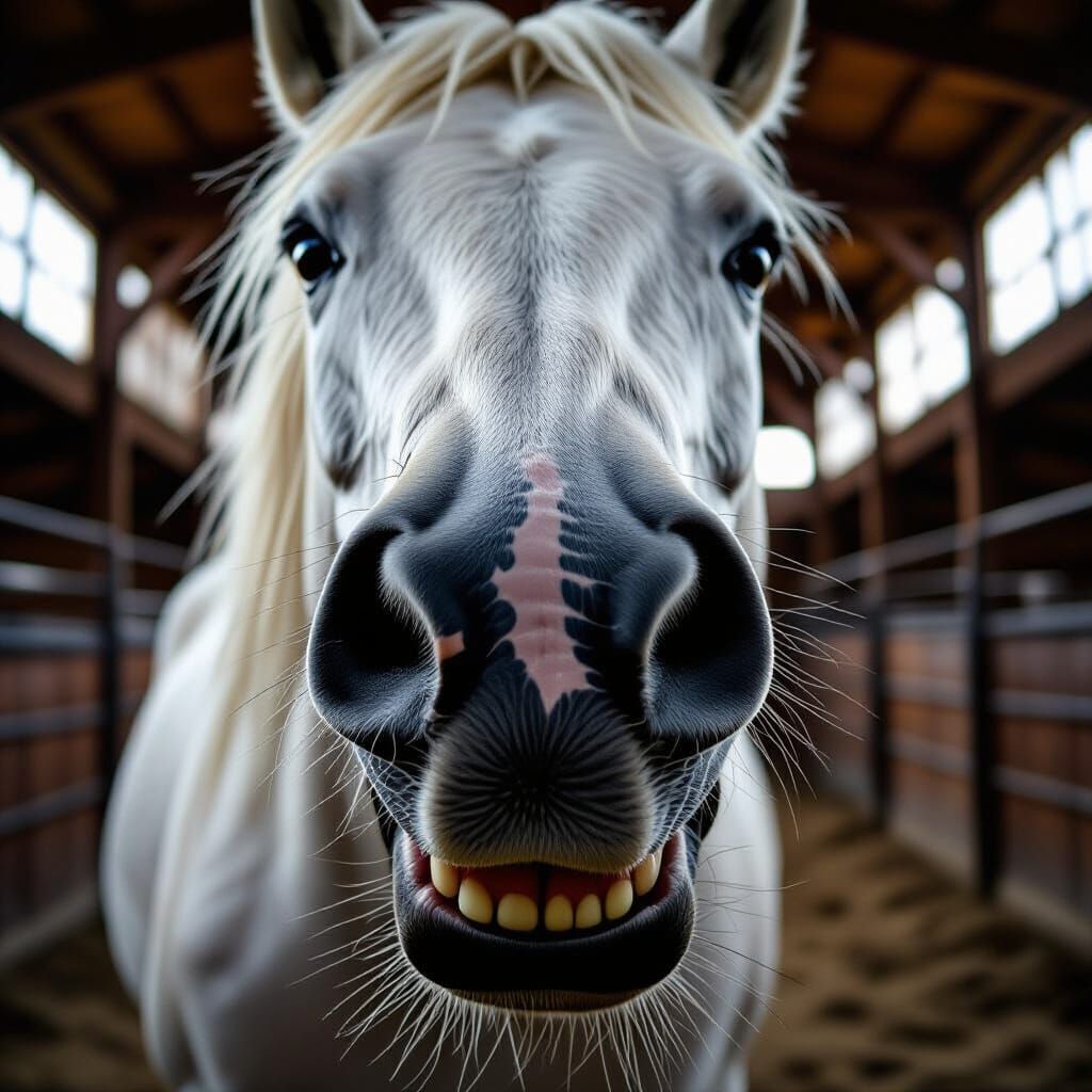 Majestic White Horse in Stable, Hyperrealistic Photo
