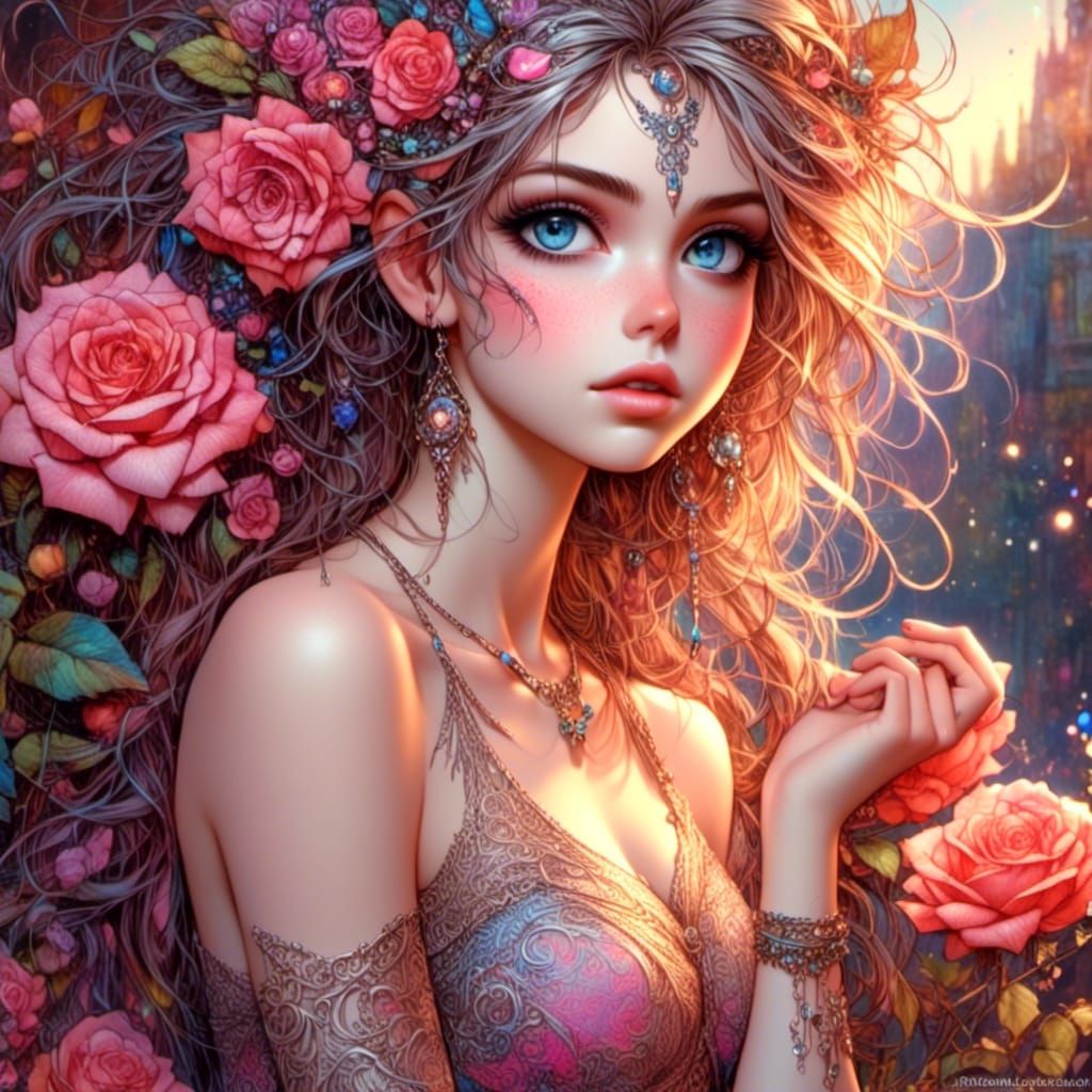 Rose Woman in Nouveau Art Style