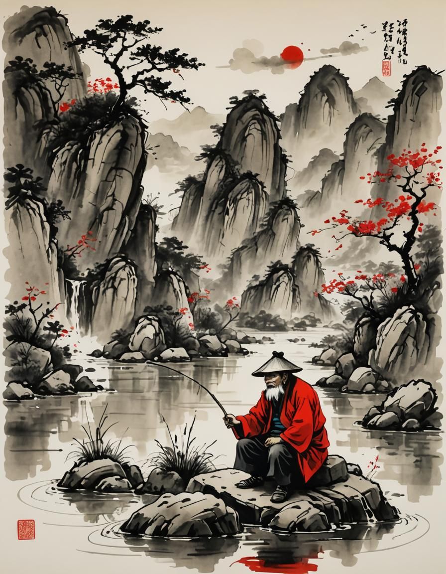 Ink Wash Painting of Fisherman in Chinese Landscape