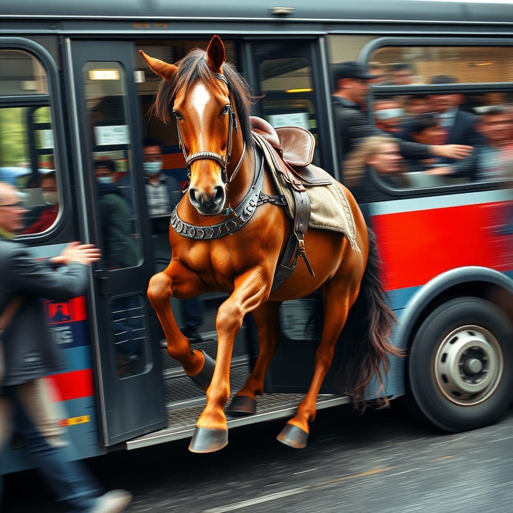 Horse Boards Crowded Bus and Helps Push: Hyperrealistic