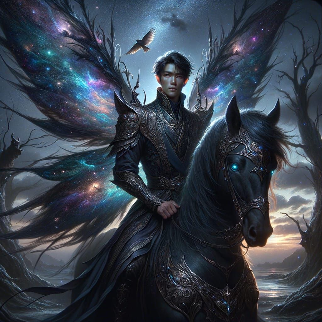 Celestial Warrior with Iridescent Wings Rides Black Horse