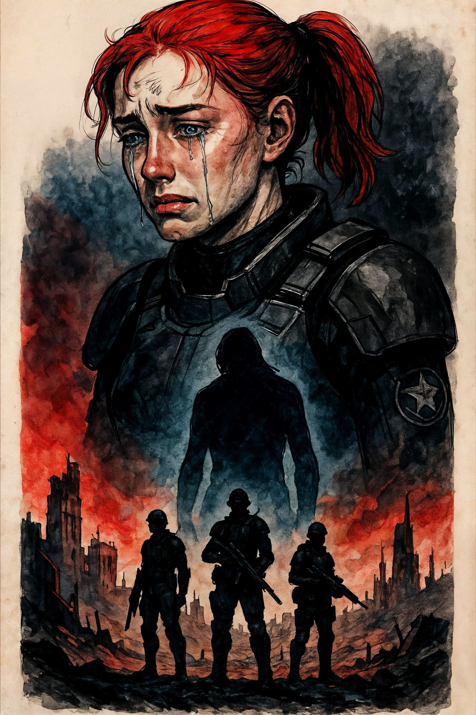 Futuristic Soldier's Grief: Ink Art Poster