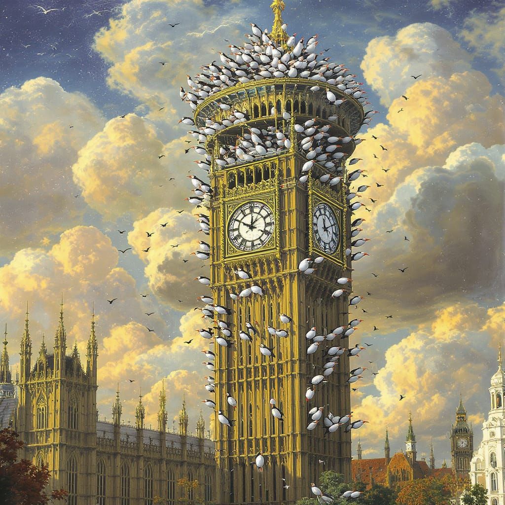 Big Ben as Tower of Babel with Puffins, Whimsical Art