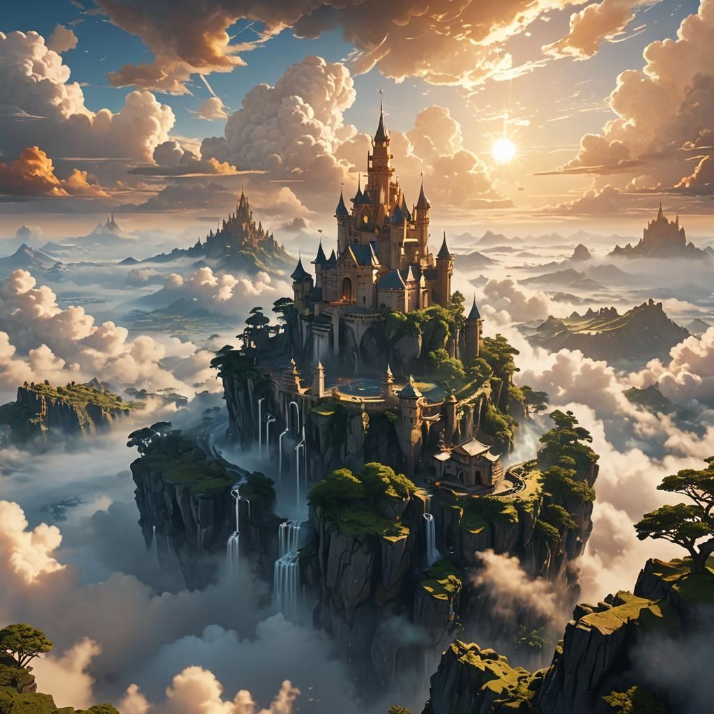 Floating Island Castle in Golden Hour: Anime Art