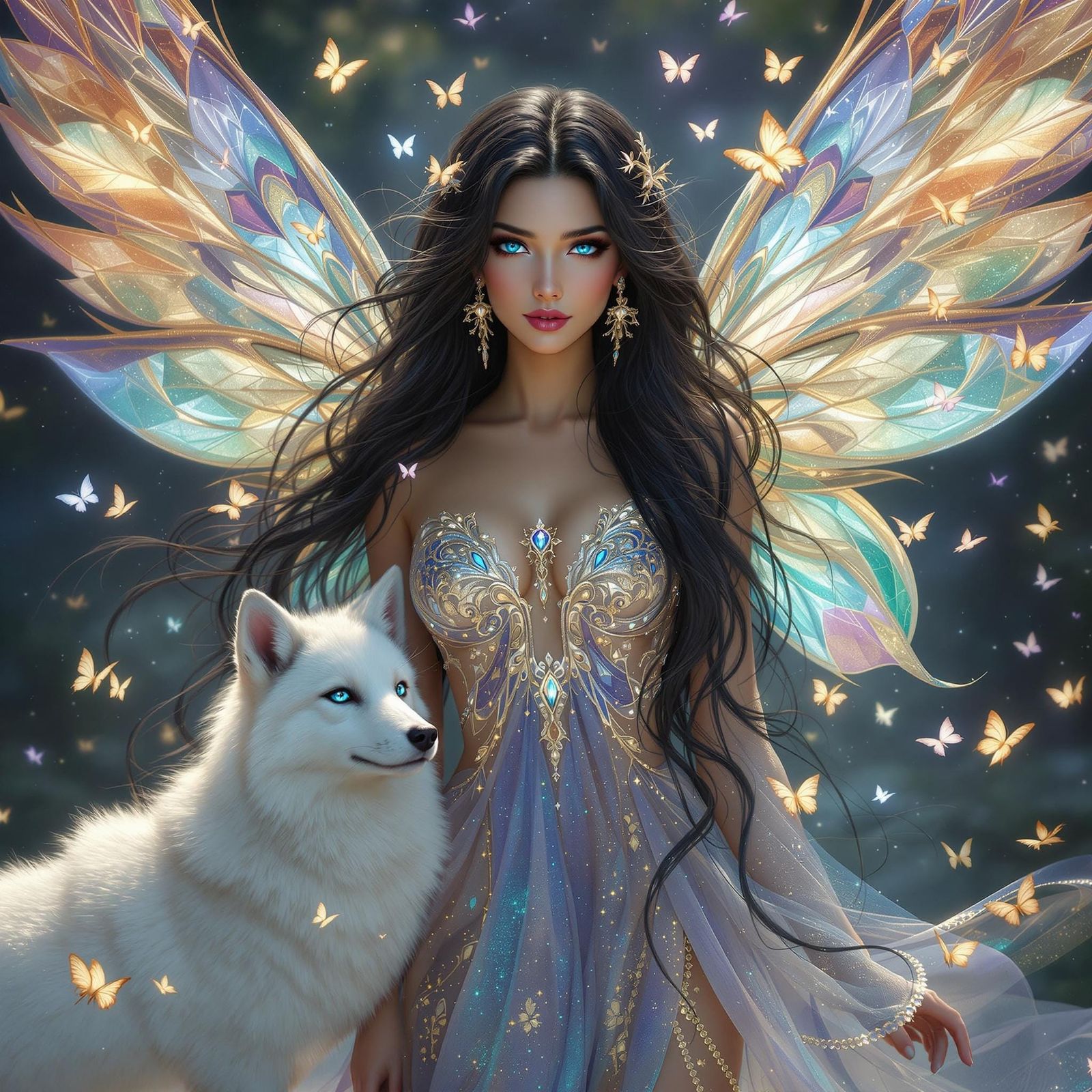 Ethereal Fairy Standing Majestically with White Fox in Whims...
