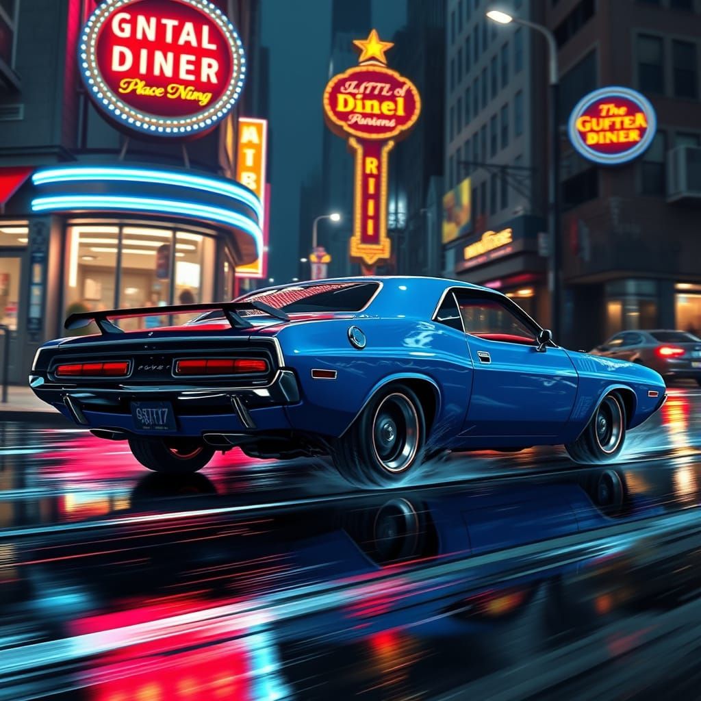 Blue 1970 Dodge Challenger Drifts on Wet City Street at Nigh...