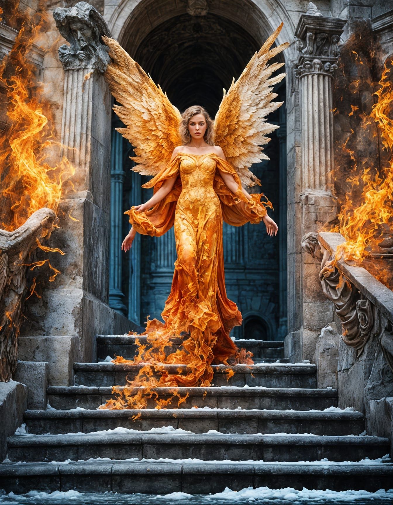 Surreal Archangel with Fiery Wings and Ice Devil in Ancient ...
