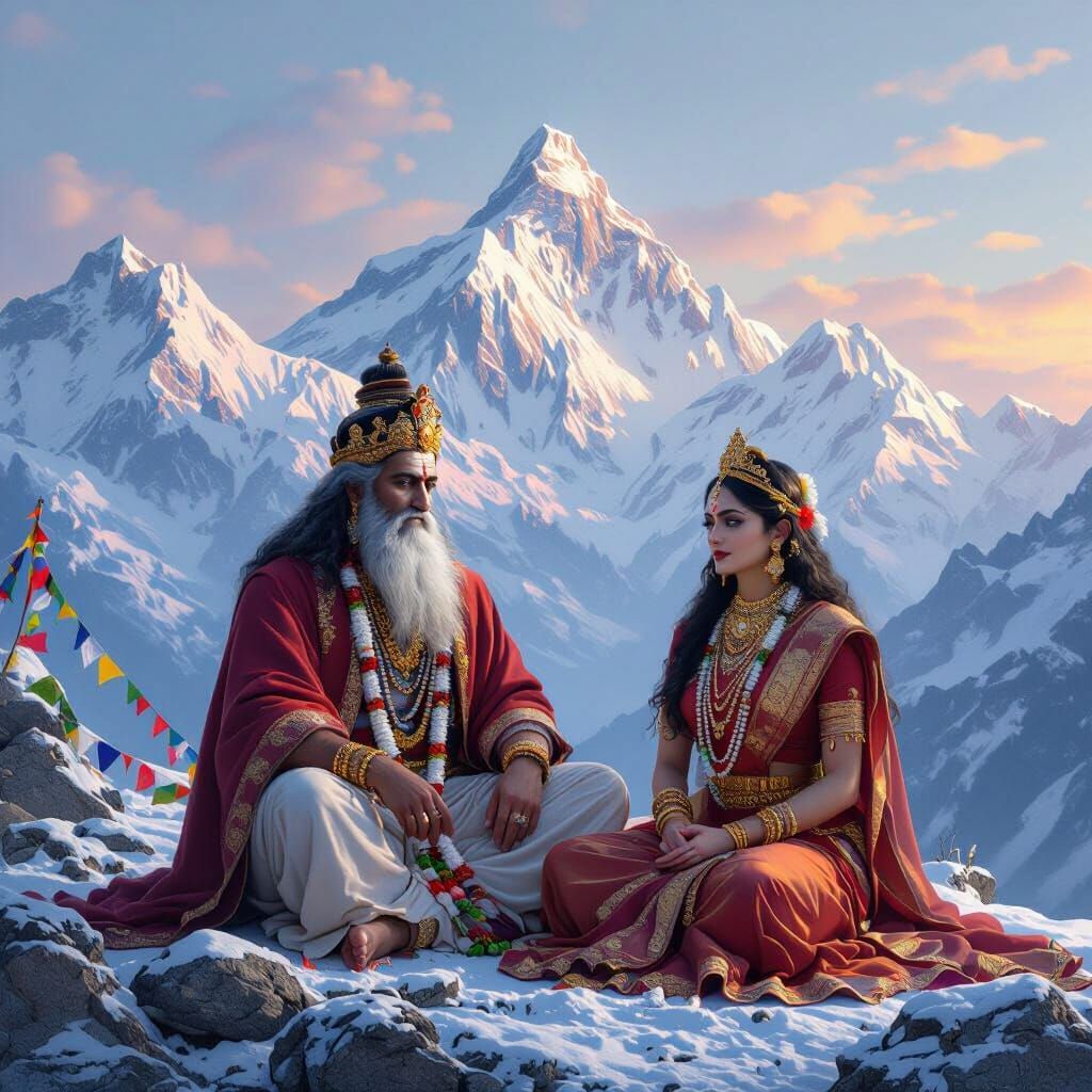 King Himavan and Goddess Parvati in Himalayas at Dawn