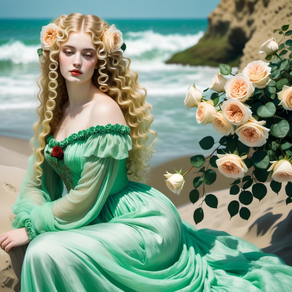 Woman with Roses on Beach, in Art Nouveau Style