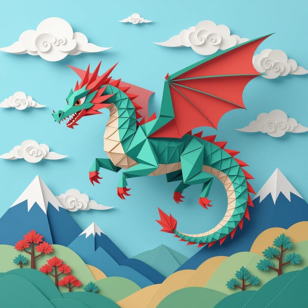 Origami Dragon Soars Through Paper Cloud Sky