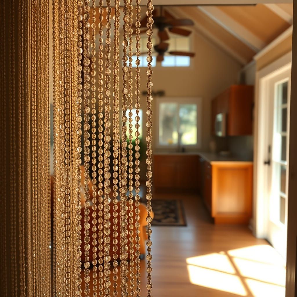Intricate Beaded Curtain with Sunlight and Breeze