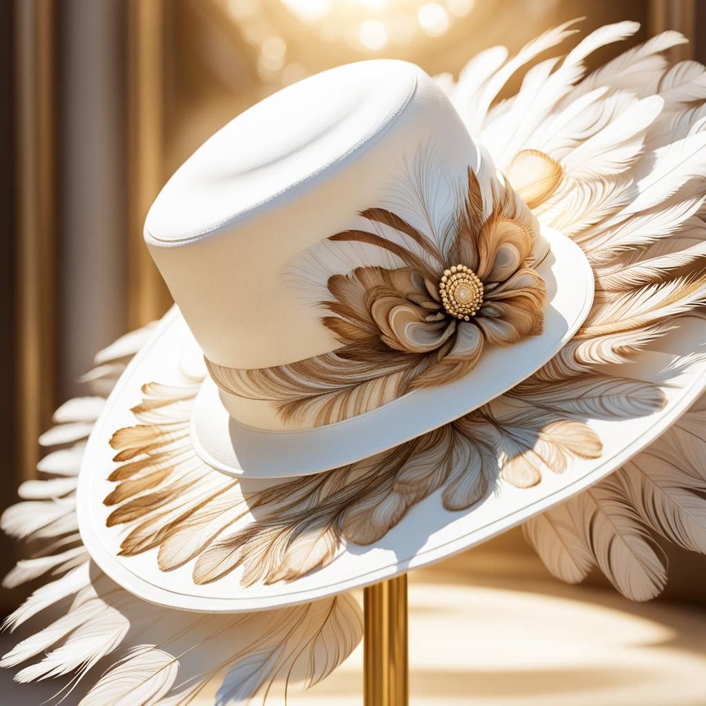 Lavish White Peacock Feather Sunhat in Golden Glory