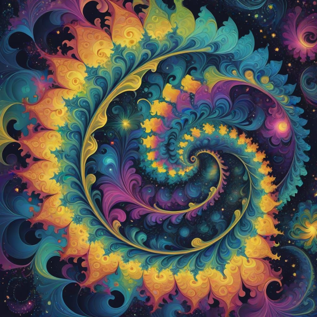 Psychedelic Mandala with Cosmic Stars and Planets