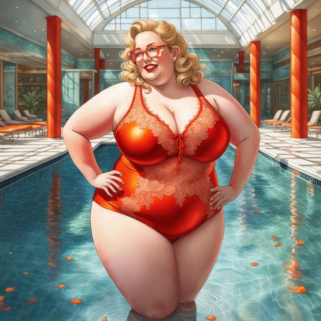 Pin-Up Model in Red Swimsuit by Lavish Pool