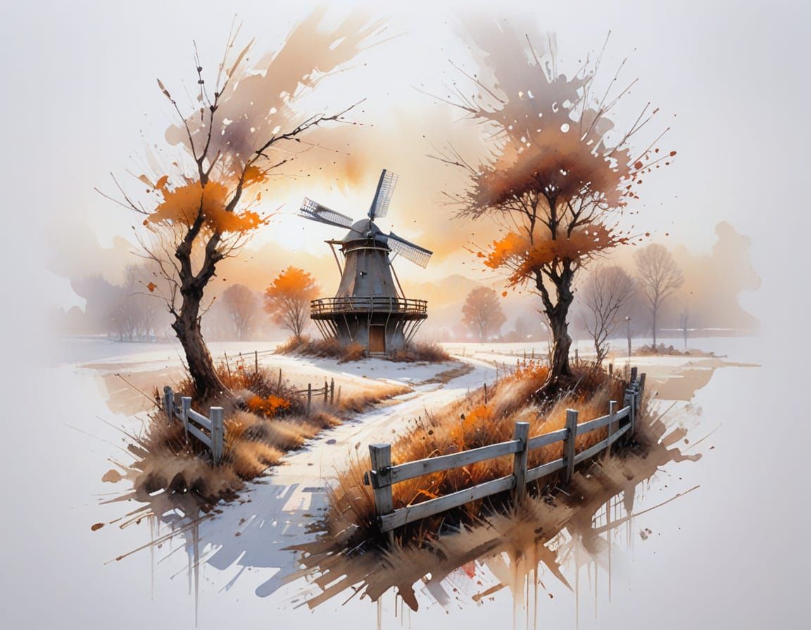 Misty Winter Sunrise Over Snowy Field with Wooden Windmill