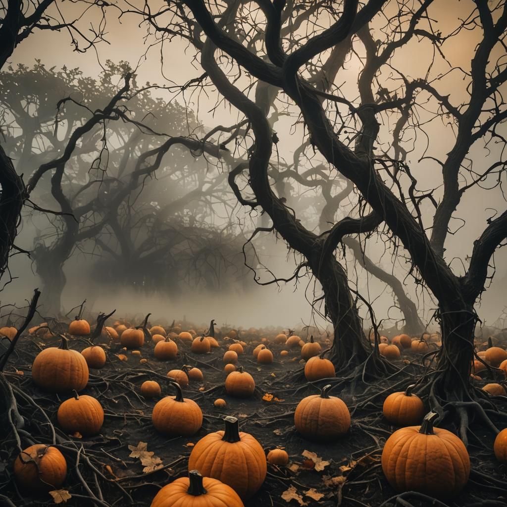 Eerie Pumpkins Exhaling Fog in Abandoned Patch