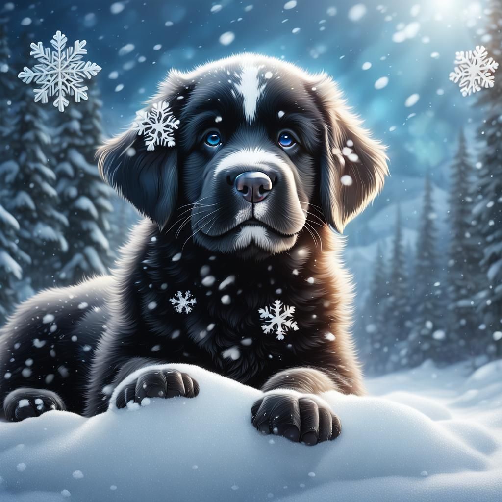 Newfoundland Puppy with Snowflake, Detailed Matte Painting
