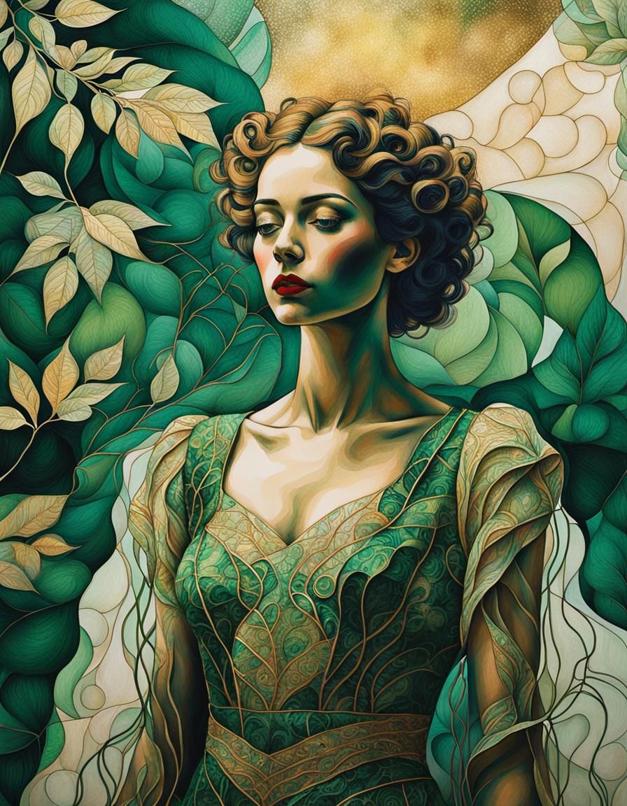 Mystical Female Figure in Expressionist Mixed Media Style