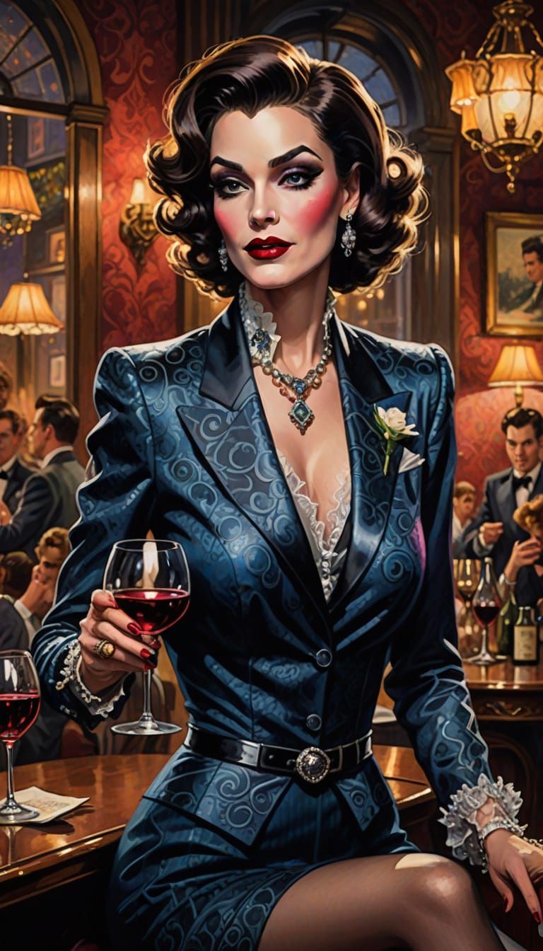 Surrealistic Drag Queen in Vintage Noir Style with Elegant F...