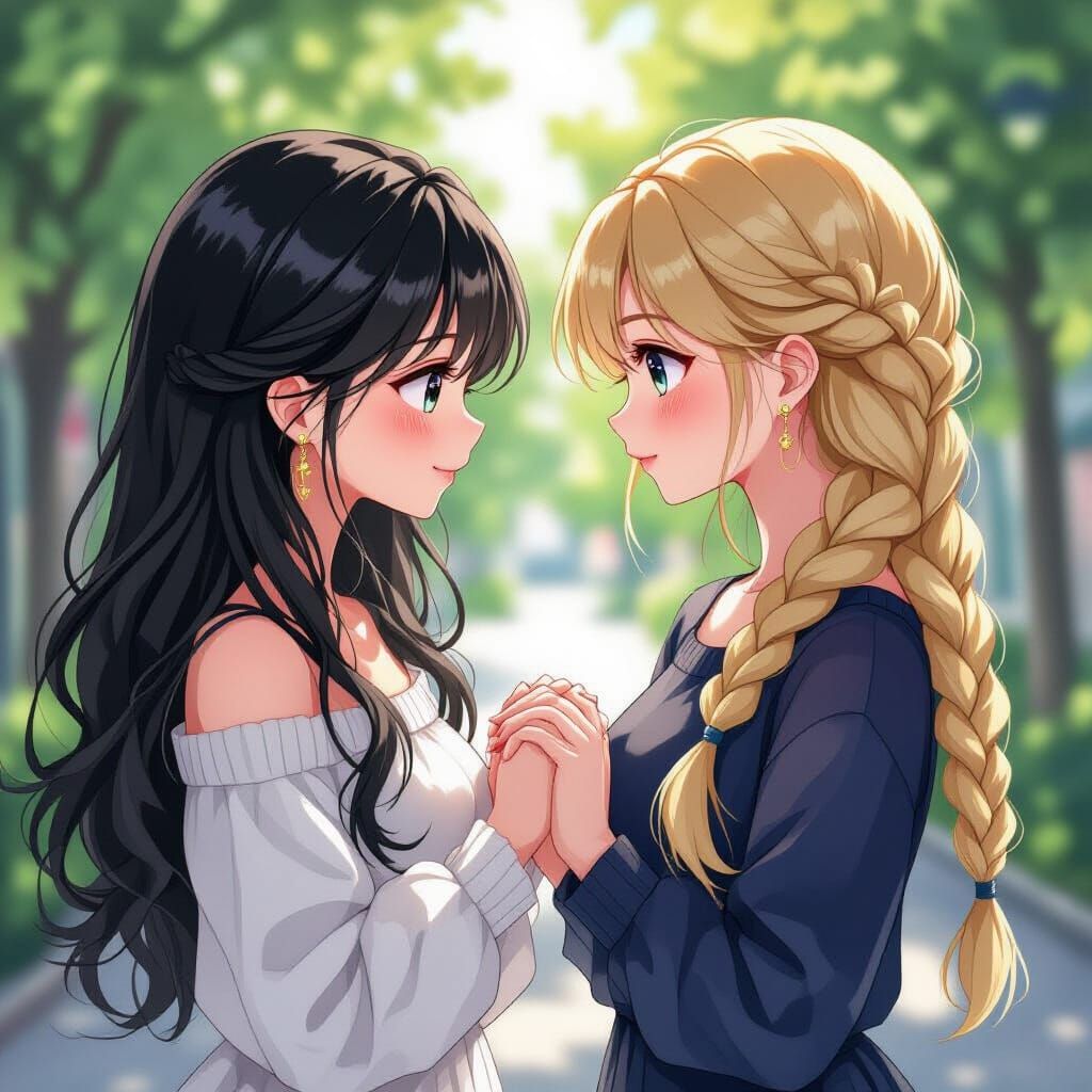 Anime Style Loving Women Hold Hands, Wallpaper Design
