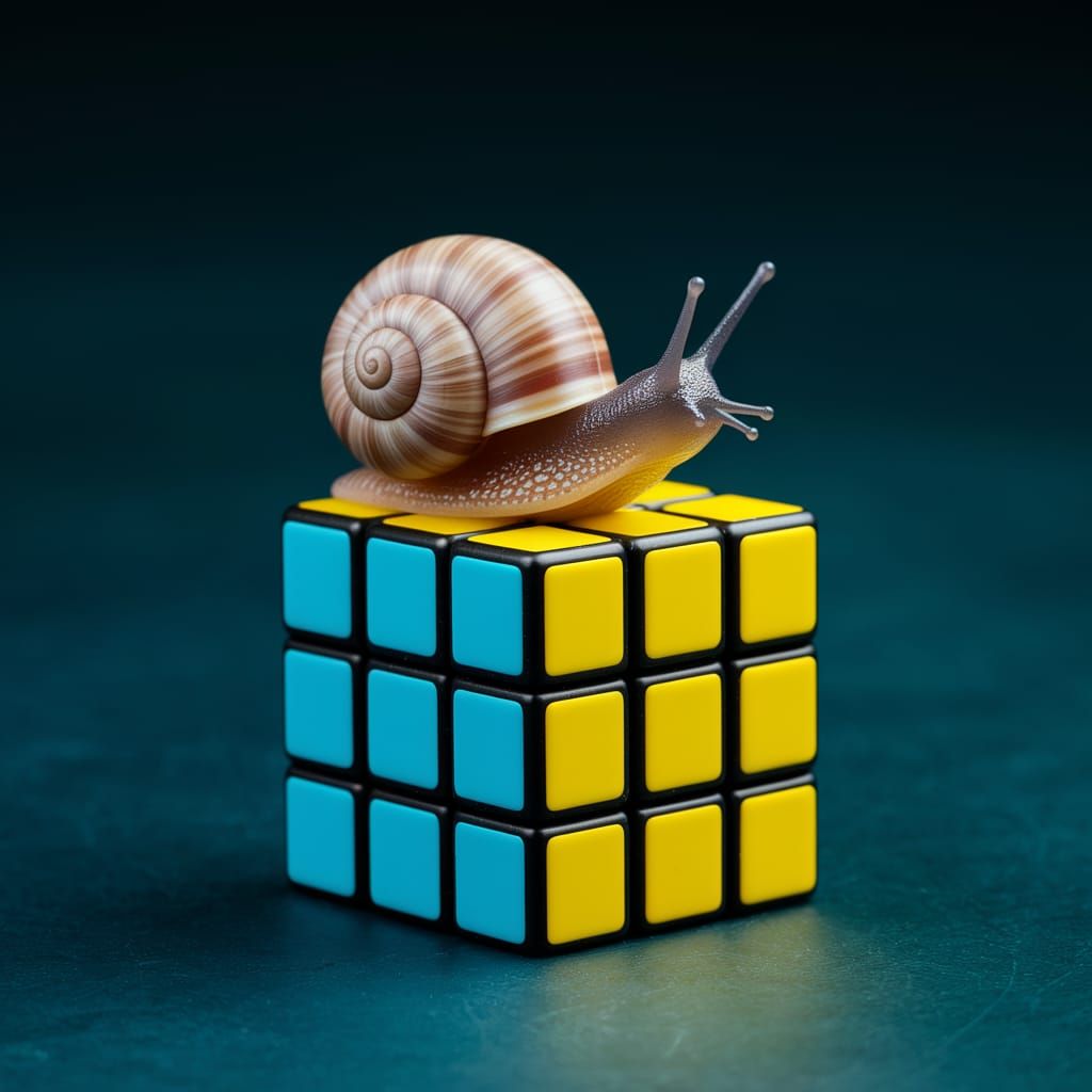 Tiny Snail on Rubik's Cube: A Cute Miniature Scene