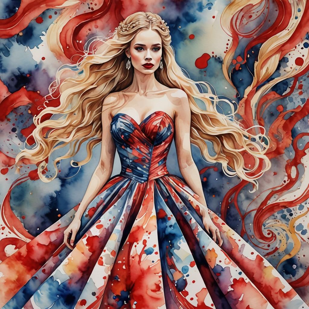 Girl in Watercolor Dress with Abstract Elements