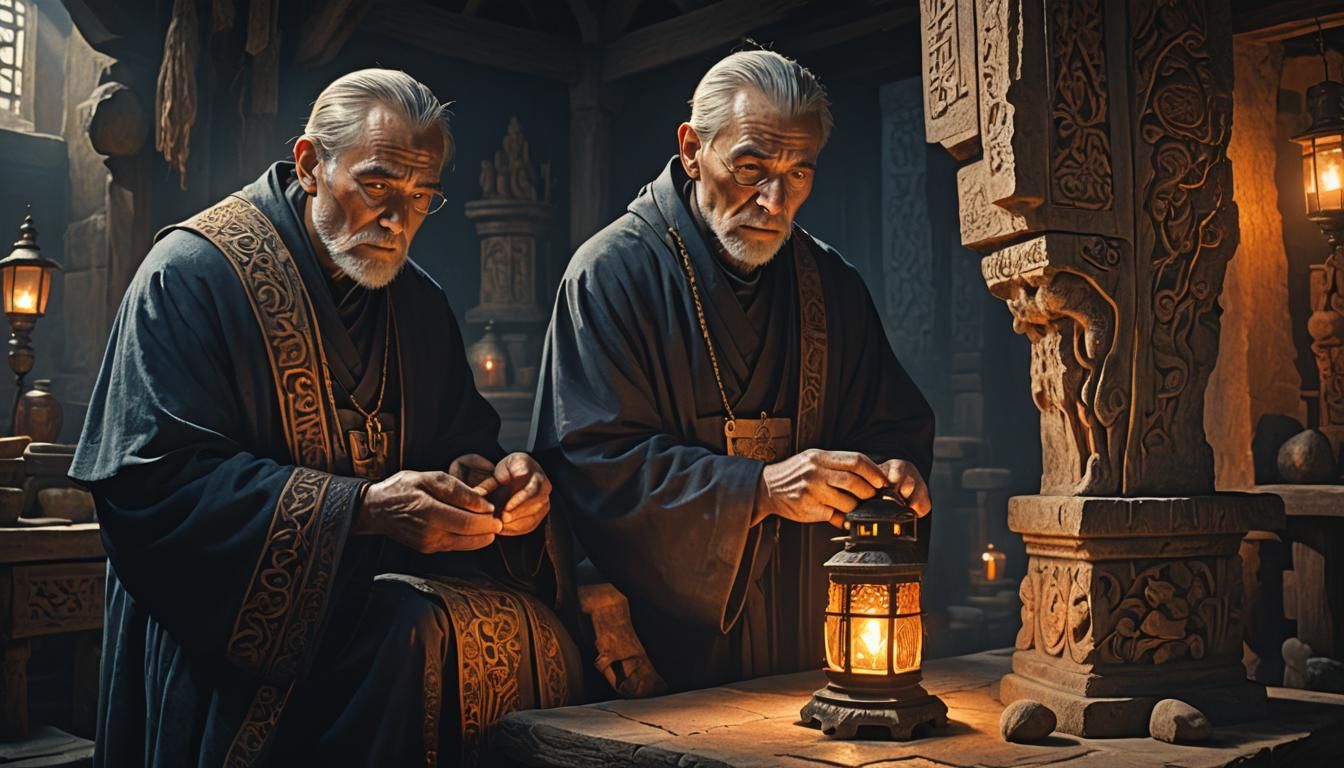 Worried Priest Examines Mysterious Stone in Fantasy Art