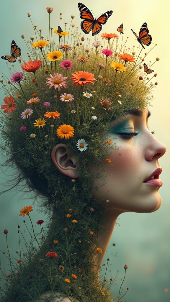 Surreal Woman with Floral Mindscape Ecosystem