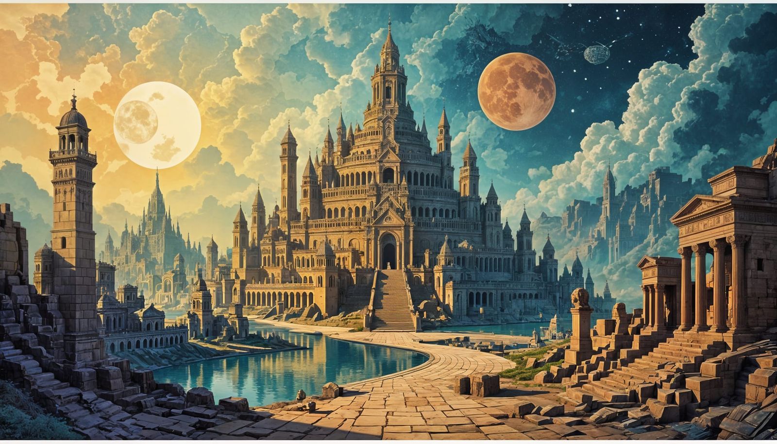 Collage of Lost Cities Through Time in Surrealist Style