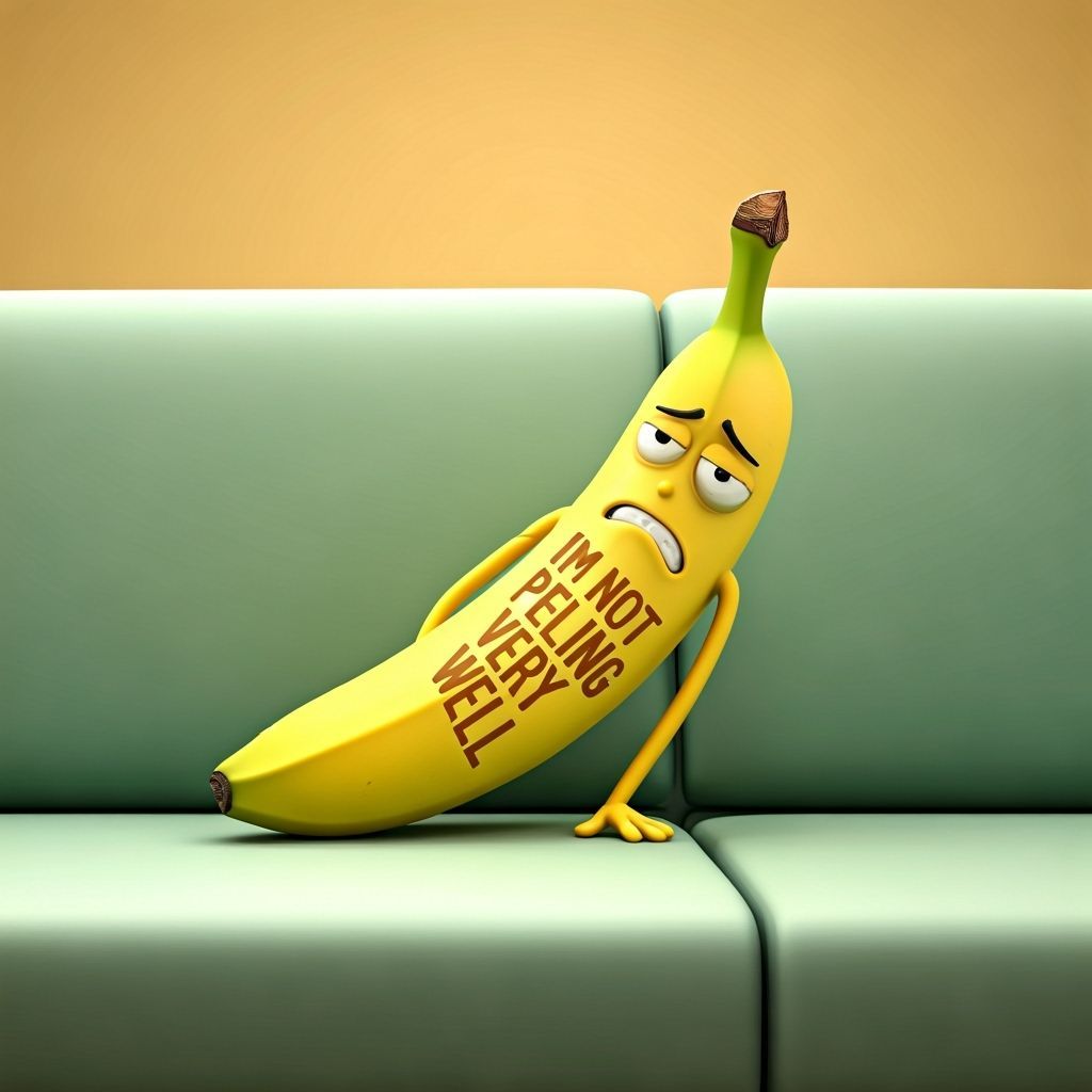 Sad Banana Wincing on Couch in Whimsical Style
