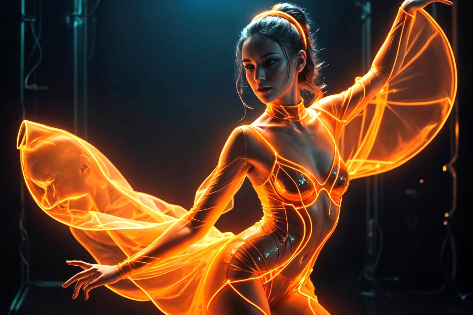 Retro Futuristic Dancer in Neon Orange Attire