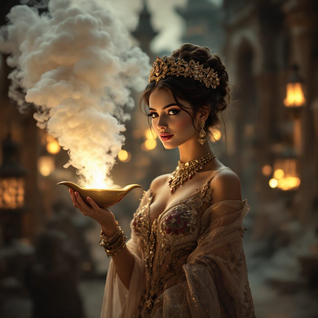Elegant Woman Emerges from Magic Lamp