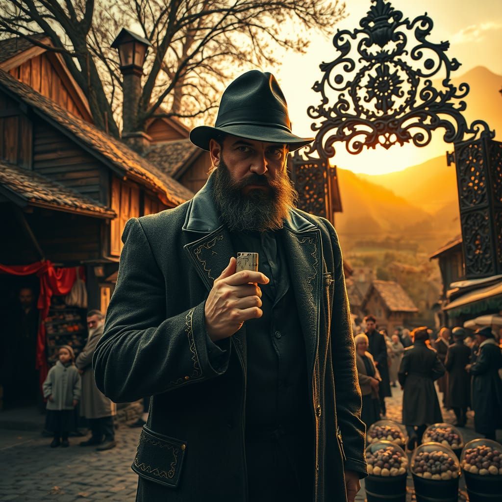 Vibrant, medieval village, nestled in a lush, rolling valley, dawn light casting a warm glow, surrounded by thatched-roo...