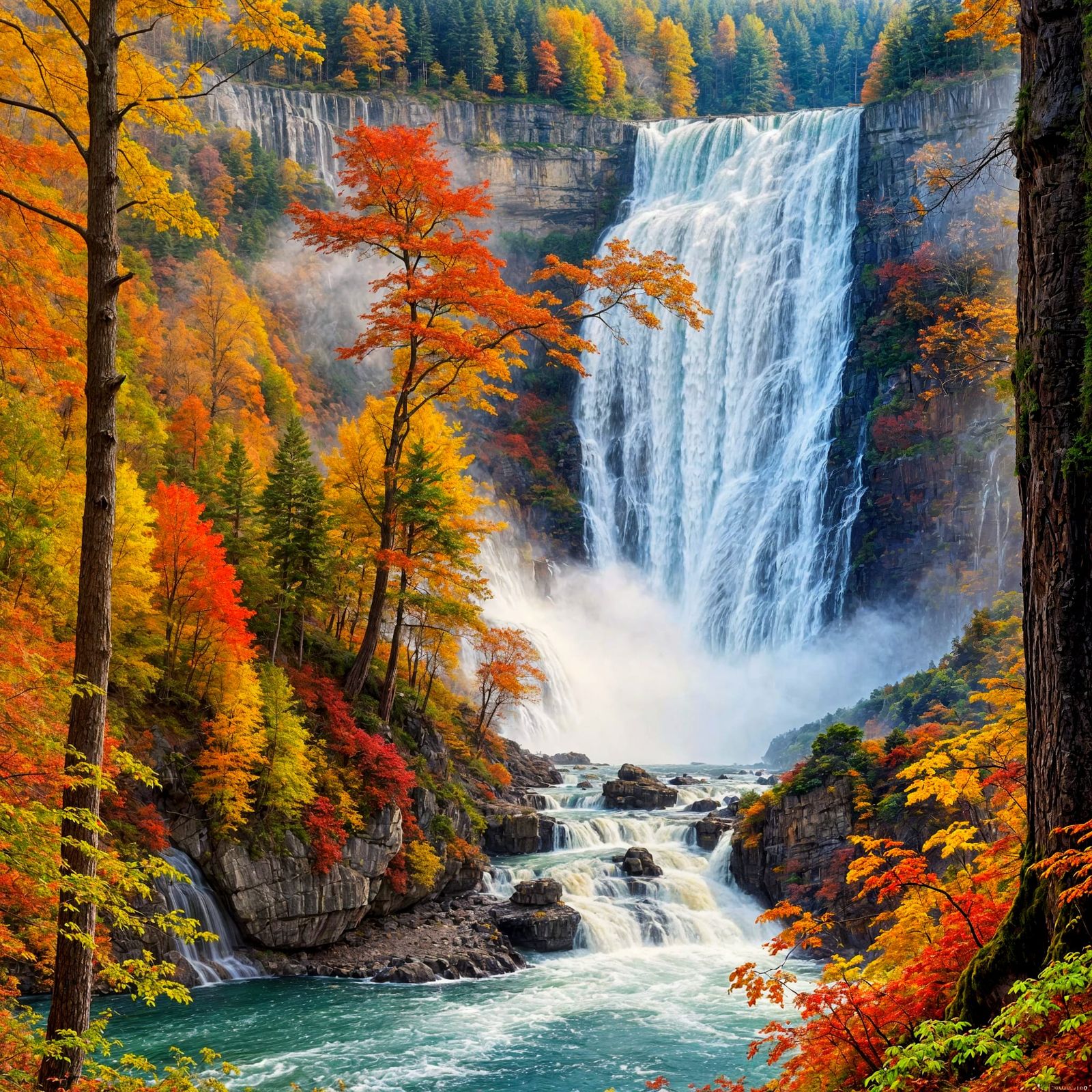 Majestic Autumn Waterfall Oil Painting in Art Nouveau Style