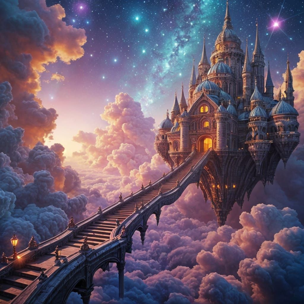 Dreamlike Castle and Cityscape Among the Clouds in Art Deco ...