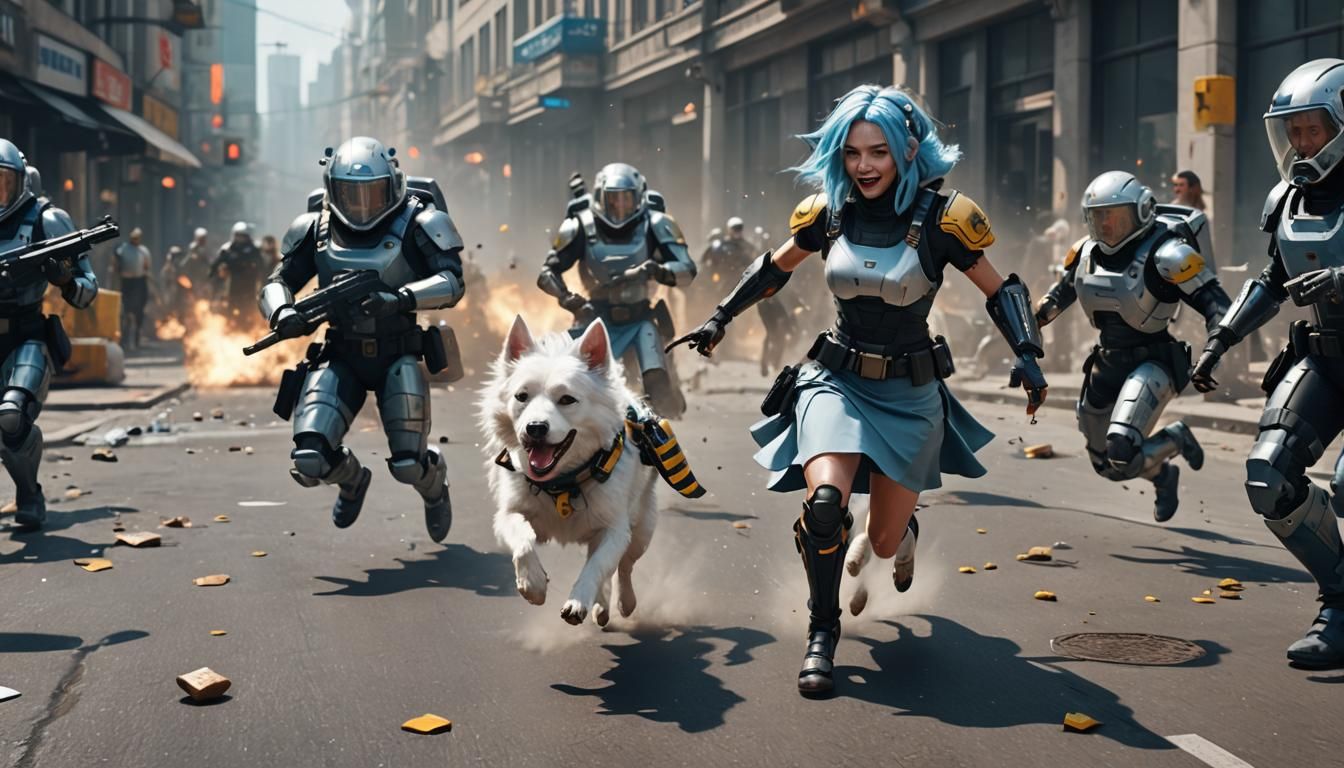 Futuristic Riot Scene with Dogs and Drinking Couple
